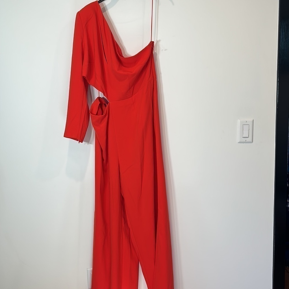 Sergio Hudson Jumpsuit Womens 1X Red One Shoulder Cut-Out Wide Legs - Picture 2 of 6